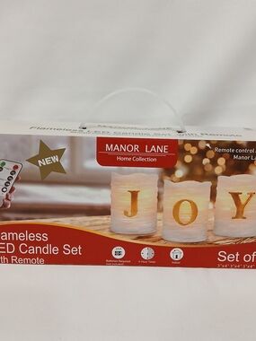 Flameless JOY 4" 3 Candle Set With Remote LED Manor Lane Holidays Christmas EUC
